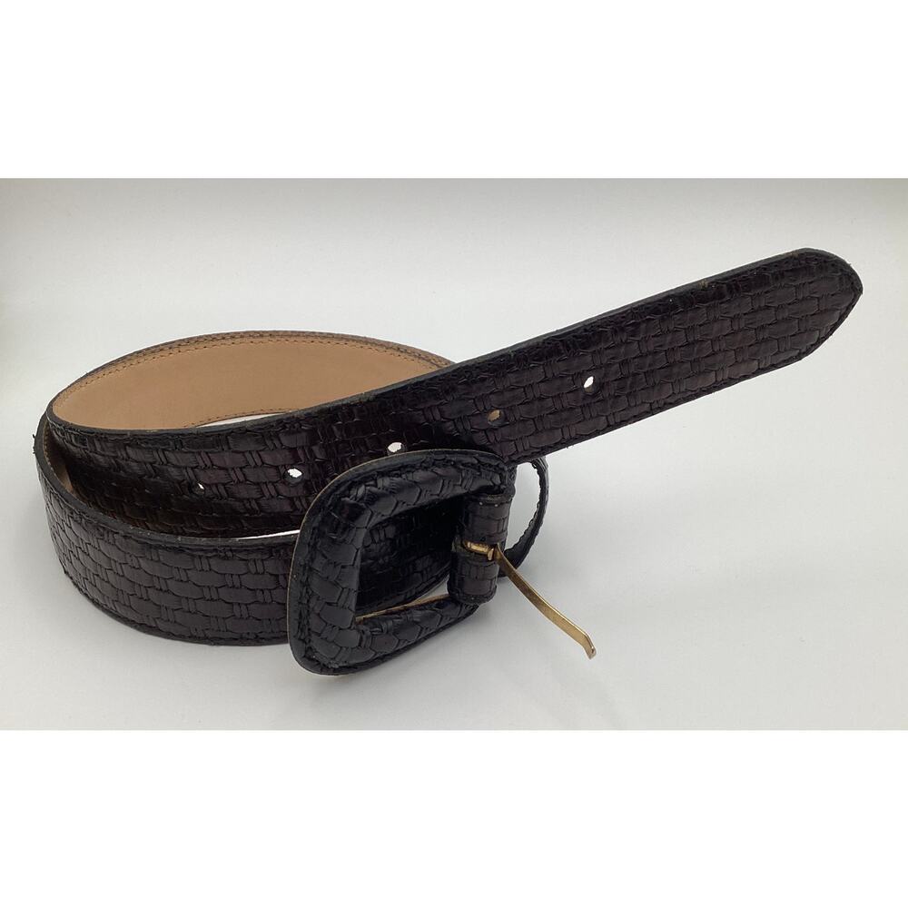 Vintage Canterbury Black Basketweave Leather Belt with Leather-Wrapped Buckle L